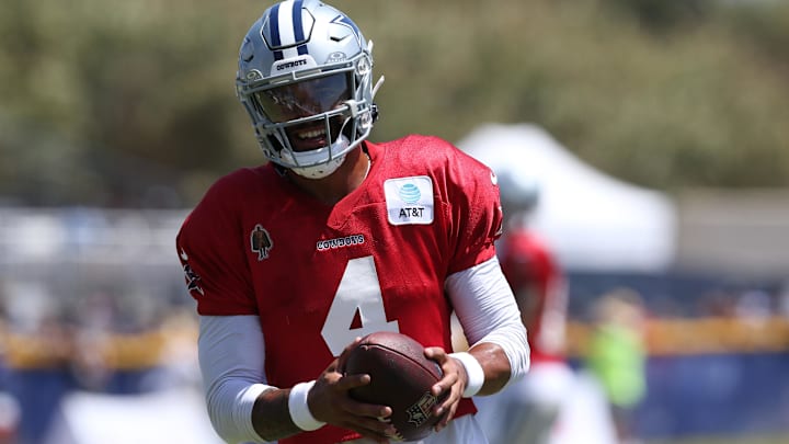 Dallas Cowboys quarterback Dak Prescott during training camp at the River Ridge Playing Fields in Oxnard.