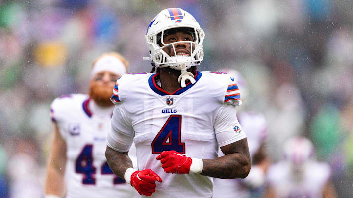 Nov 26, 2023; Philadelphia, Pennsylvania, USA; Buffalo Bills running back James Cook (4) takes the