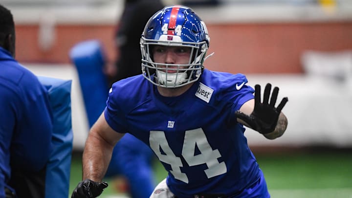 May 9, 2025; East Rutherford, NJ, USA; New York Giants running back Cam Skattebo (44) participates in a drill during rookie minicamp at Quest Diagnostics Training Center.  