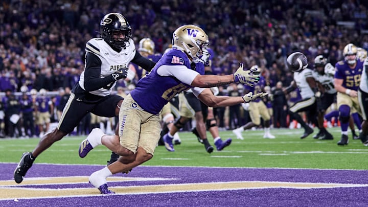 Washington receiver Dezmen Roebuck hauls in a 2-yard receiving touchdown during the third quarter of the Huskies' 49-13 Week 12 win over Purdue.