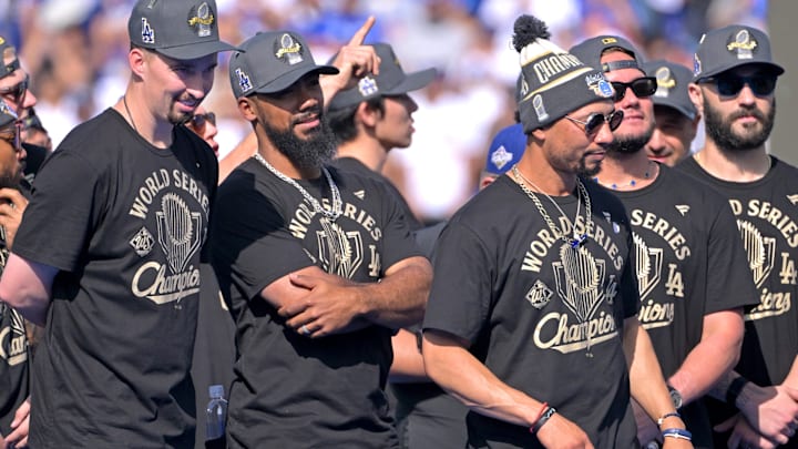 Nov 3, 2025; Los Angeles, CA, USA; Los Angeles Dodgers pitcher Blake Snell (7), right fielder Teoscar Hernandez (37), shortstop Mookie Betts (50) and second baseman Miguel Rojas (72)
on stage during the World Series celebration at Dodger Stadium. Mandatory Credit: Jayne Kamin-Oncea-Imagn Images Nov 3, 2025; Los Angeles, CA, USA; Los Angeles Dodgers pitcher Blake Snell (7), right fielder Teoscar Hernandez (37), shortstop Mookie Betts (50) and second baseman Miguel Rojas (72)
on stage during the World Series celebration at Dodger Stadium. Mandatory Credit: Jayne Kamin-Oncea-Imagn Images