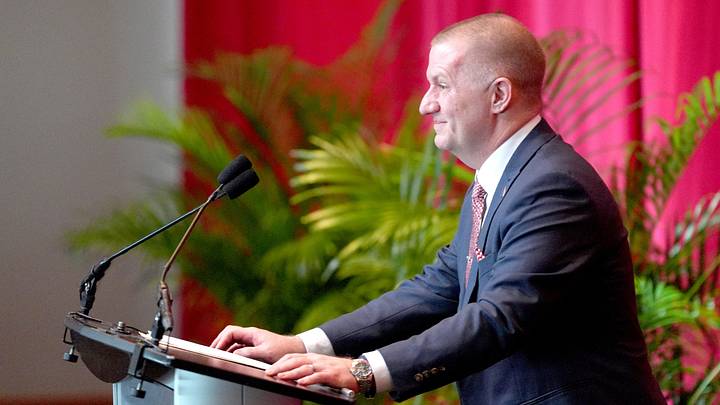 Oklahoma Director of Athletics Roger Denny speaks during a ceremony at the Gaylord Family –– Oklahoma Memorial Stadium. Oklahoma Director of Athletics Roger Denny speaks during a ceremony at the Gaylord Family –– Oklahoma Memorial Stadium.