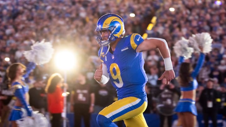 Jan 13, 2025; Glendale, AZ, USA; Los Angeles Rams quarterback Matthew Stafford (9) against the Minnesota Vikings during an NFC wild card game at State Farm Stadium. Mandatory Credit: Mark J. Rebilas-Imagn Images