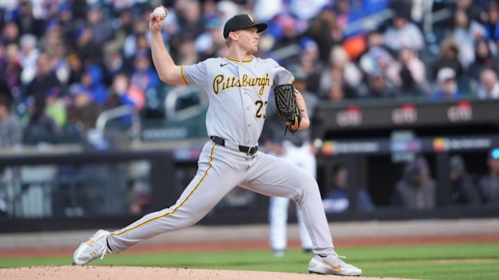 Mar 28, 2026; New York City, New York, USA; Pittsburgh Pirates pitcher Mitch Keller (23) delivers a pitch against the New York Mets during the first inning at Citi Field. Mandatory Credit: Gregory Fisher-Imagn Images