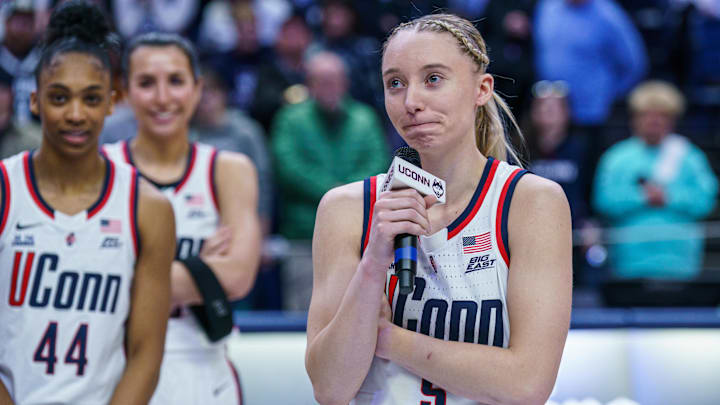 Mar 2, 2025; Storrs, Connecticut, USA; UConn Huskies guard Paige Bueckers (5) talks to the fans during senior night after the game against the Marquette Golden Eagles at Harry A. Gampel Pavilion. Mandatory Credit: David Butler II-Imagn Images