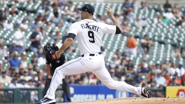 Aug 24, 2025; Detroit, Michigan, USA; Detroit Tigers pitcher Jack Flaherty (9) throws during the first inning against the Kansas City Royals at Comerica Park. Mandatory Credit: Brian Bradshaw Sevald-Imagn Images Aug 24, 2025; Detroit, Michigan, USA; Detroit Tigers pitcher Jack Flaherty (9) throws during the first inning against the Kansas City Royals at Comerica Park. Mandatory Credit: Brian Bradshaw Sevald-Imagn Images