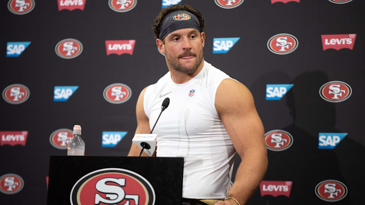 Jul 23, 2025; Santa Clara, CA, USA; San Francisco 49ers defensive end Nick Bosa answers questions from reporters following the first day of training camp at SAP Performance Facility. Mandatory Credit: D. Ross Cameron-Imagn Images