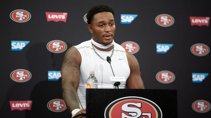 Jul 24, 2025; Santa Clara, CA, USA; San Francisco 49ers linebacker Dee Winters answers questions from reporters following the second day of training camp. Mandatory Credit: D. Ross Cameron-Imagn Images