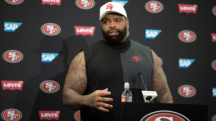 Jul 24, 2025; Santa Clara, CA, USA; San Francisco 49ers offensive tackle Trent Williams answers questions from reporters following the second day of training camp. Mandatory Credit: D. Ross Cameron-Imagn Images