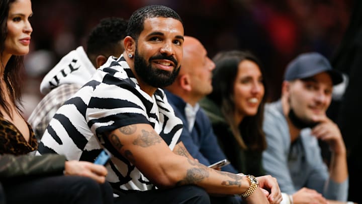 Canadian rapper Drake attends the game between the Miami Heat and the Atlanta Hawks at FTX Arena in Miami on Jan. 14, 2022.
