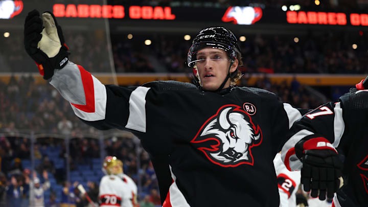 Jan 11, 2024; Buffalo, New York, USA;  Buffalo Sabres right wing Tage Thompson (72) reacts after