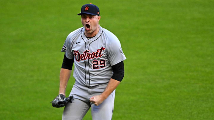 Detroit Tigers pitcher Tarik Skubal celebrates after a double play that ended the fifth inning against the Cleveland Guardians during Game 2 of the ALDS at Progressive Field. 