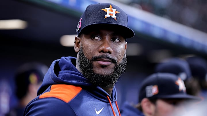 Aug 17, 2025; Houston, Texas, USA; Houston Astros pitcher Enyel De Los Santos (65) in the dugout prior to the game against the Baltimore Orioles at Daikin Park Aug 17, 2025; Houston, Texas, USA; Houston Astros pitcher Enyel De Los Santos (65) in the dugout prior to the game against the Baltimore Orioles at Daikin Park