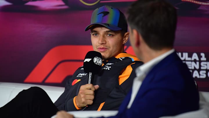 Nov 20, 2024; Las Vegas, Nevada, USA; McLaren driver Lando Norris (4) during media availabilities at Las Vegas Circuit. Mandatory Credit: Gary A. Vasquez-Imagn Images