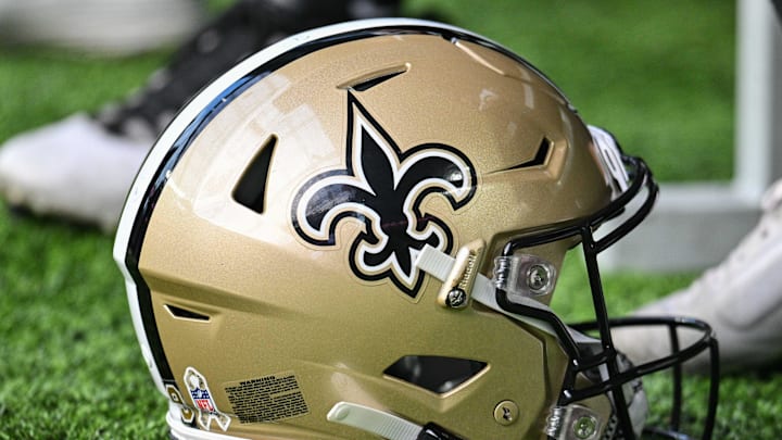 Nov 12, 2023; Minneapolis, Minnesota, USA; A New Orleans Saints helmet during the game between the Minnesota Vikings and the New Orleans Saints at U.S. Bank Stadium. Mandatory Credit: Jeffrey Becker-Imagn Images Nov 12, 2023; Minneapolis, Minnesota, USA; A New Orleans Saints helmet during the game between the Minnesota Vikings and the New Orleans Saints at U.S. Bank Stadium. Mandatory Credit: Jeffrey Becker-Imagn Images
