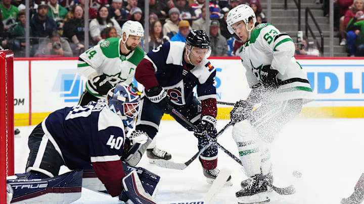 Apr 7, 2024; Denver, Colorado, USA; Dallas Stars center Wyatt Johnston (53) and Colorado Avalanche