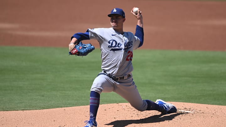 Sep 11, 2022; San Diego, California, USA; Los Angeles Dodgers starting pitcher Andrew Heaney (28) throws a pitch against the San Diego Padres during the first inning at Petco Park. Mandatory Credit: Orlando Ramirez-Imagn Images