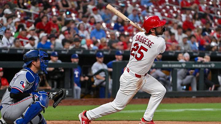Jun 3, 2026; St. Louis, Missouri, USA; St. Louis Cardinals second baseman Thomas Saggese (25) hits a one run triple against the Texas Rangers during the fifth inning at Busch Stadium. Mandatory Credit: Jeff Curry-Imagn Images