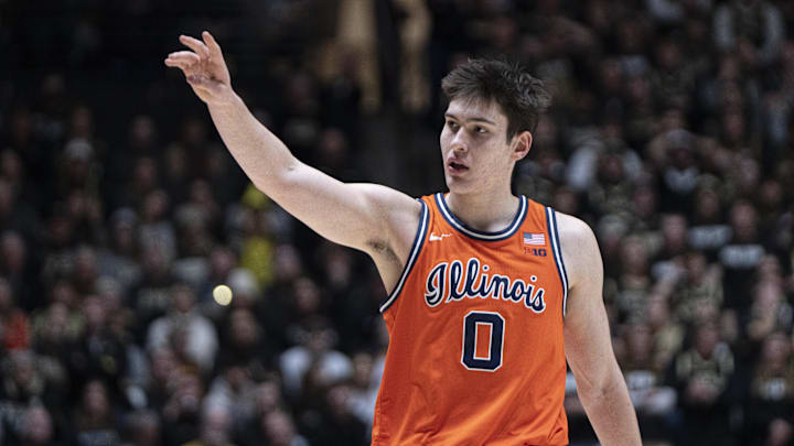 Jan 24, 2026; West Lafayette, Indiana, USA; Illinois Fighting Illini forward David Mirkovic (0) waves for a teammate during the first half against the Purdue Boilermakers at Mackey Arena.   Mandatory Credit: Jacob Musselman-Imagn Images