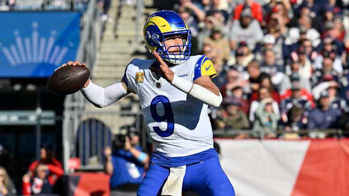 Nov 17, 2024; Foxborough, Massachusetts, USA; Los Angeles Rams quarterback Matthew Stafford (9) throws a pass during the first half against the New England Patriots at Gillette Stadium. Mandatory Credit: Eric Canha-Imagn Images Nov 17, 2024; Foxborough, Massachusetts, USA; Los Angeles Rams quarterback Matthew Stafford (9) throws a pass during the first half against the New England Patriots at Gillette Stadium. Mandatory Credit: Eric Canha-Imagn Images