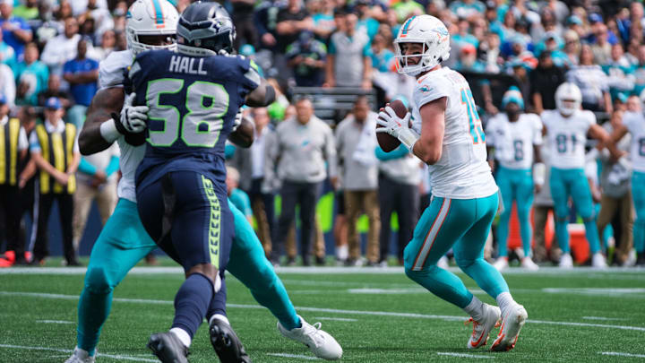 Miami Dolphins quarterback Skylar Thompson (19) prepares to throw the ball during the second quarter against the Seattle Seahawks at Lumen Field. Miami Dolphins quarterback Skylar Thompson (19) prepares to throw the ball during the second quarter against the Seattle Seahawks at Lumen Field.