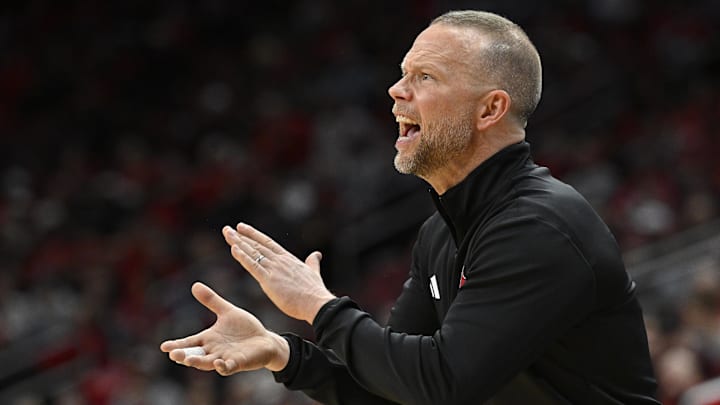 Nov 26, 2025; Louisville, Kentucky, USA;  Louisville Cardinals head coach Pat Kelsey reacts during the first half against the NJIT Highlanders at KFC Yum! Center. Mandatory Credit: Jamie Rhodes-Imagn Images