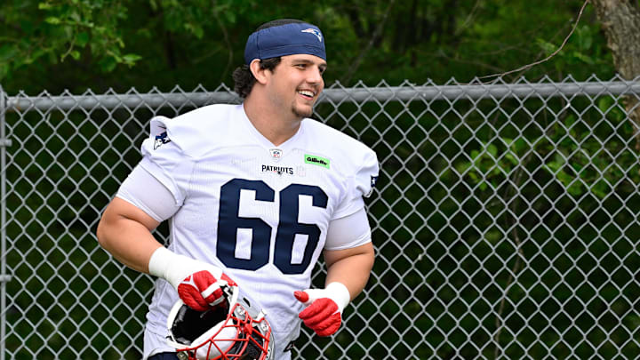 Jun 9, 2025; Foxborough, MA, USA; New England Patriots offensive tackle Will Campbell (66) jogs to the practice fields at Gillette Stadium. Mandatory Credit: Eric Canha-Imagn Images