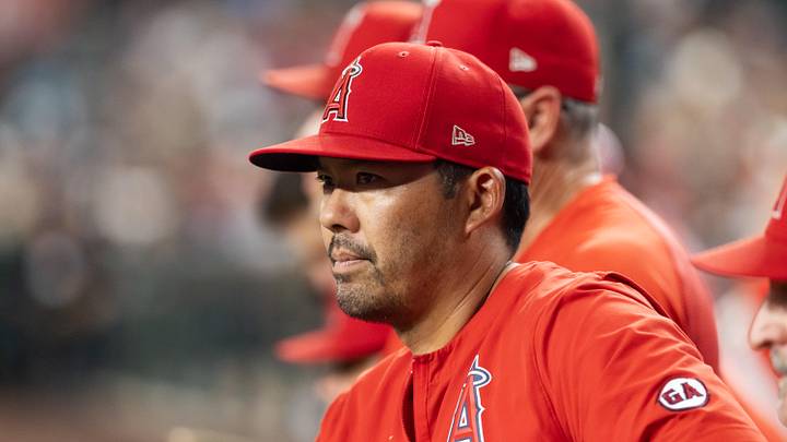 Phoenix, Arizona, USA; Los Angeles Angels manager Kurt Suzuki against the Arizona Diamondbacks at Chase Field. Mandatory Credit: Mark J. Rebilas-Imagn Images