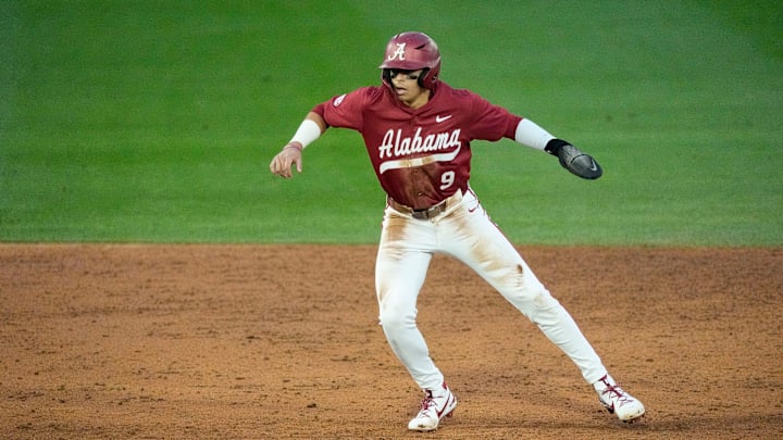 Feb 14, 2025; Tuscaloosa, AL, USA; Alabama righ fielder Bryce Fowler takes his lead from second during Alabama baseball’s opening day at Sewell-Thomas Stadium against Bradley. The Crimson Tide defeated Bradley 10-6.