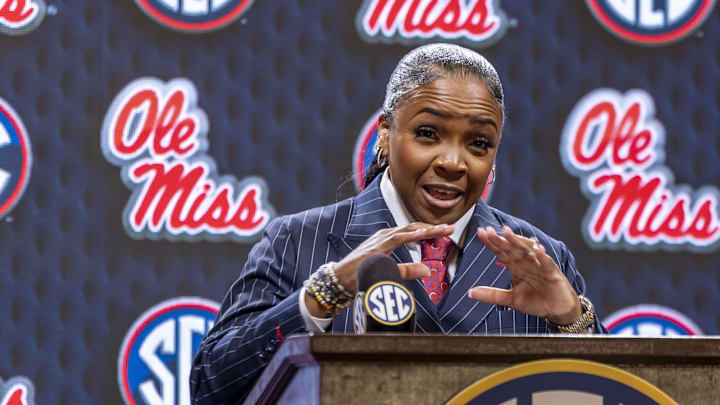 Oct 14, 2025; Birmingham, AL, USA; Ole Miss Rebels head coach Yolett McPhee-McCuin talks with the media during SEC Media Days at Grand Bohemian Hotel. Mandatory Credit: Vasha Hunt-Imagn Images
