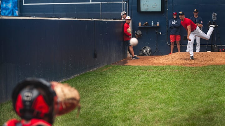 Veteran pitcher Rich Hill tosses a bullpen session with recent WooSox call up Kyle Teel on Aug. 18, 2024, at Polar Park. Veteran pitcher Rich Hill tosses a bullpen session with recent WooSox call up Kyle Teel on Aug. 18, 2024, at Polar Park.