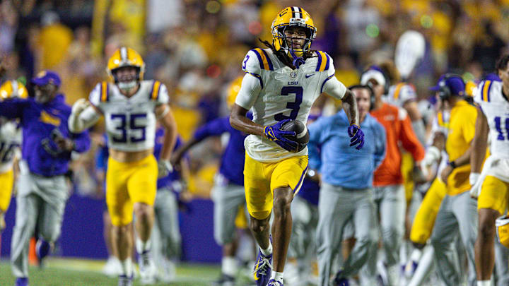 Sep 13, 2025; Baton Rouge, Louisiana, USA; LSU Tigers cornerback DJ Pickett (3) reacts to intercepting the ball from Florida Gators quarterback DJ Lagway (not pictured) during the second half at Tiger Stadium. Mandatory Credit: Stephen Lew-Imagn Images Sep 13, 2025; Baton Rouge, Louisiana, USA; LSU Tigers cornerback DJ Pickett (3) reacts to intercepting the ball from Florida Gators quarterback DJ Lagway (not pictured) during the second half at Tiger Stadium. Mandatory Credit: Stephen Lew-Imagn Images