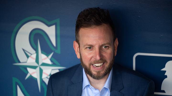 Oct 2, 2022; Seattle, Washington, USA; Justin Hollander, the new Seattle Mariners General Manager is interviewed prior to the game against the Oakland Athletics at T-Mobile Park. Mandatory Credit: Steven Bisig-USA TODAY Sports Oct 2, 2022; Seattle, Washington, USA; Justin Hollander, the new Seattle Mariners General Manager is interviewed prior to the game against the Oakland Athletics at T-Mobile Park. Mandatory Credit: Steven Bisig-USA TODAY Sports