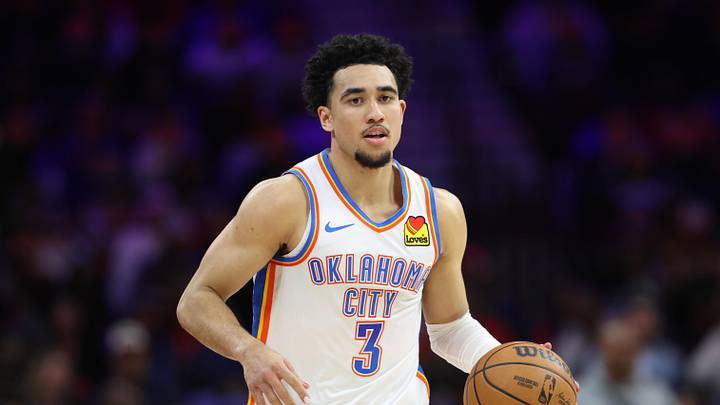 Mar 23, 2026; Philadelphia, Pennsylvania, USA; Oklahoma City Thunder guard Jared McCain (3) dribbles the ball against the Philadelphia 76ers during the fourth quarter at Xfinity Mobile Arena. Mandatory Credit: Bill Streicher-Imagn Images