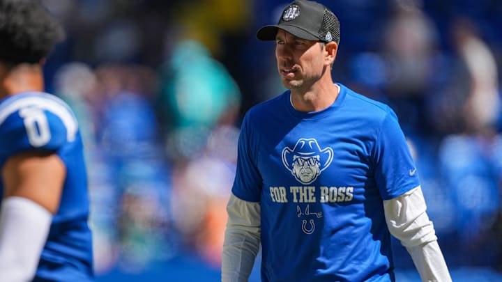 Indianapolis Colts Shane Steichen walks off the field Sunday, Sept. 7, 2025, ahead of the game at Lucas Oil Stadium in Indianapolis.