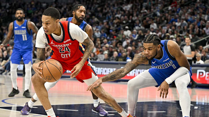 Jan 13, 2024; Dallas, Texas, USA; New Orleans Pelicans guard Jordan Hawkins (24) and Dallas