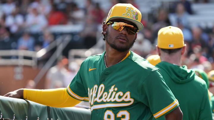 Feb 23, 2026; Scottsdale, Arizona, USA; Athletics shortstop Leo de Vries (83) prepares to play the San Francisco Giants at Scottsdale Stadium. Mandatory Credit: Rick Scuteri-Imagn Images Feb 23, 2026; Scottsdale, Arizona, USA; Athletics shortstop Leo de Vries (83) prepares to play the San Francisco Giants at Scottsdale Stadium. Mandatory Credit: Rick Scuteri-Imagn Images