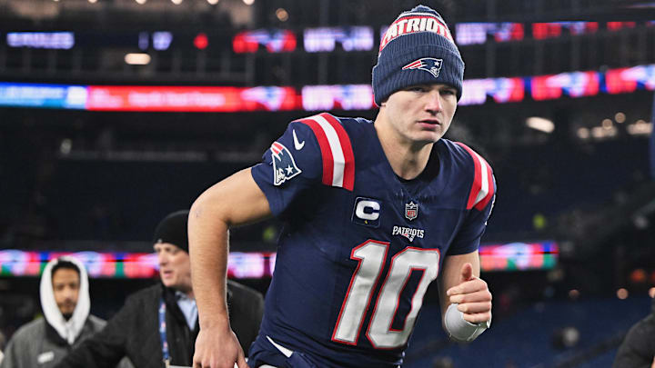Jan 4, 2026; Foxborough, Massachusetts, USA; New England Patriots quarterback Drake Maye (10) runs off the field after the game against the Miami Dolphins at Gillette Stadium.