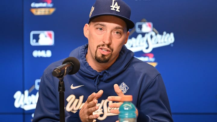 Los Angeles Dodgers pitcher Blake Snell (7) speaks to the media during media day and team workouts at Rogers Centre.