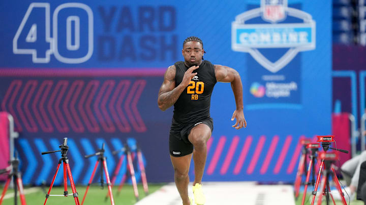 Feb 28, 2026; Indianapolis, IN, USA; Arkansas running back Mike Washington Jr. (RB20) during the NFL Scouting Combine at Lucas Oil Stadium. Mandatory Credit: Kirby Lee-Imagn Images