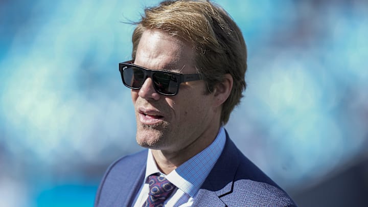Former Panther and now announcer Greg Olsen during pregame warm-ups between the Carolina Panthers and the Dallas Cowboys. Former Panther and now announcer Greg Olsen during pregame warm-ups between the Carolina Panthers and the Dallas Cowboys.