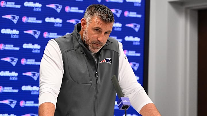 May 9, 2025; Foxborough, MA, USA;  New England Patriots head coach Mike Vrabel speaks the to media during a press conference at Gillette Stadium. Mandatory Credit: Eric Canha-Imagn Images