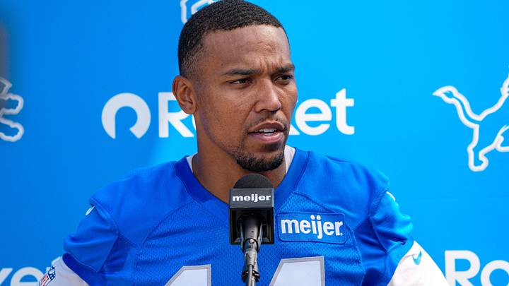 Detroit Lions wide receiver Amon-Ra St. Brown (14) speaks to media members after practice during training camp at Meijer Performance Center in Allen Park on Thursday, July 30, 2026. Detroit Lions wide receiver Amon-Ra St. Brown (14) speaks to media members after practice during training camp at Meijer Performance Center in Allen Park on Thursday, July 30, 2026.