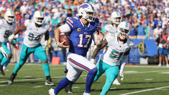 Josh Allen of the Buffalo Bills breaks off a run against the Miami Dolphins on Oct. 1, 2023.