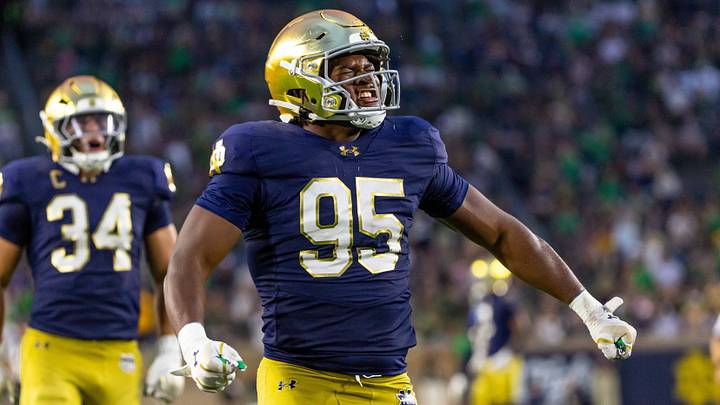 Sep 20, 2025; South Bend, Indiana, USA; A Notre Dame Fighting Irish defensive lineman Bryce Young (95) celebrates a sack against the Purdue Boilermakers during the second half at Notre Dame Stadium. Mandatory Credit: Michael Caterina-Imagn Images Sep 20, 2025; South Bend, Indiana, USA; A Notre Dame Fighting Irish defensive lineman Bryce Young (95) celebrates a sack against the Purdue Boilermakers during the second half at Notre Dame Stadium. Mandatory Credit: Michael Caterina-Imagn Images
