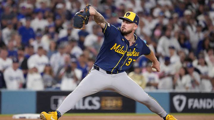 Oct 14, 2026; Los Angeles, California, USA; Milwaukee Brewers pitcher DL Hall (37) pitches against the Los Angeles Dodgers during the sixth inning in game three of the NLCS for the 2026 MLB Playoffs at Uniqlo Field at Dodger Stadium. Mandatory Credit: Kirby Lee-Imagn Images Oct 14, 2026; Los Angeles, California, USA; Milwaukee Brewers pitcher DL Hall (37) pitches against the Los Angeles Dodgers during the sixth inning in game three of the NLCS for the 2026 MLB Playoffs at Uniqlo Field at Dodger Stadium. Mandatory Credit: Kirby Lee-Imagn Images