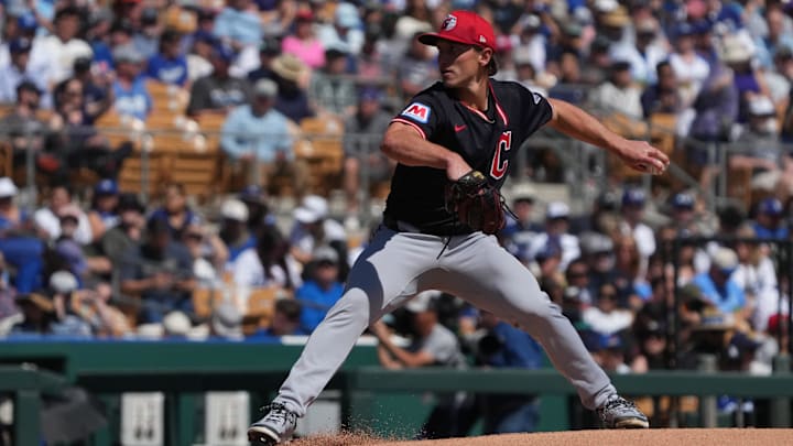 Mar 11, 2025; Phoenix, Arizona, USA; Cleveland Guardians pitcher Doug Nikhazy (65) throws against the Los Angeles Dodgers in the first inning at Camelback Ranch-Glendale. Mandatory Credit: Rick Scuteri-Imagn Images