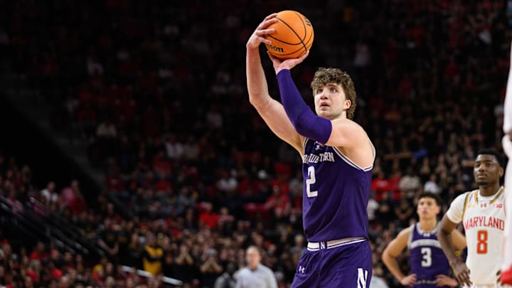 Mar 8, 2025; College Park, Maryland, USA; Northwestern Wildcats forward Nick Martinelli (2) shoots a free throw during the first half against the Maryland Terrapins at Xfinity Center. Mandatory Credit: Reggie Hildred-Imagn Images Mar 8, 2025; College Park, Maryland, USA; Northwestern Wildcats forward Nick Martinelli (2) shoots a free throw during the first half against the Maryland Terrapins at Xfinity Center. Mandatory Credit: Reggie Hildred-Imagn Images