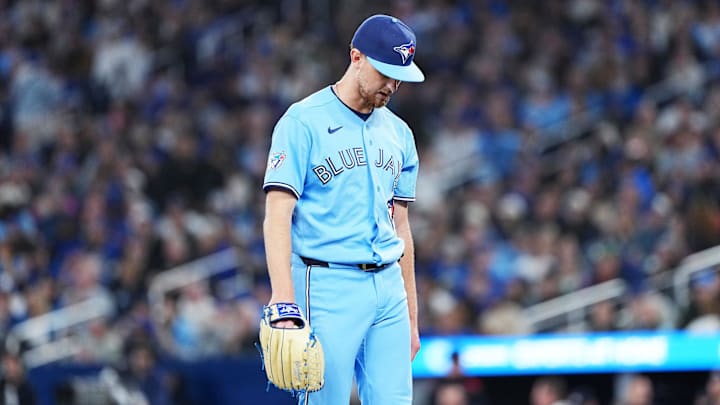 Apr 11, 2026; Toronto, Ontario, CAN; Toronto Blue Jays starting pitcher Eric Lauer (56) walks towards the dugout against the Minnesota Twins during the third inning at Rogers Centre. Mandatory Credit: Nick Turchiaro-Imagn Images