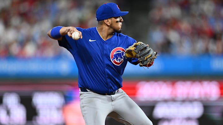 Sep 25, 2024; Philadelphia, Pennsylvania, USA; Chicago Cubs infielder Isaac Paredes (17) throws to first against the Philadelphia Phillies in the fourth inning at Citizens Bank Park.